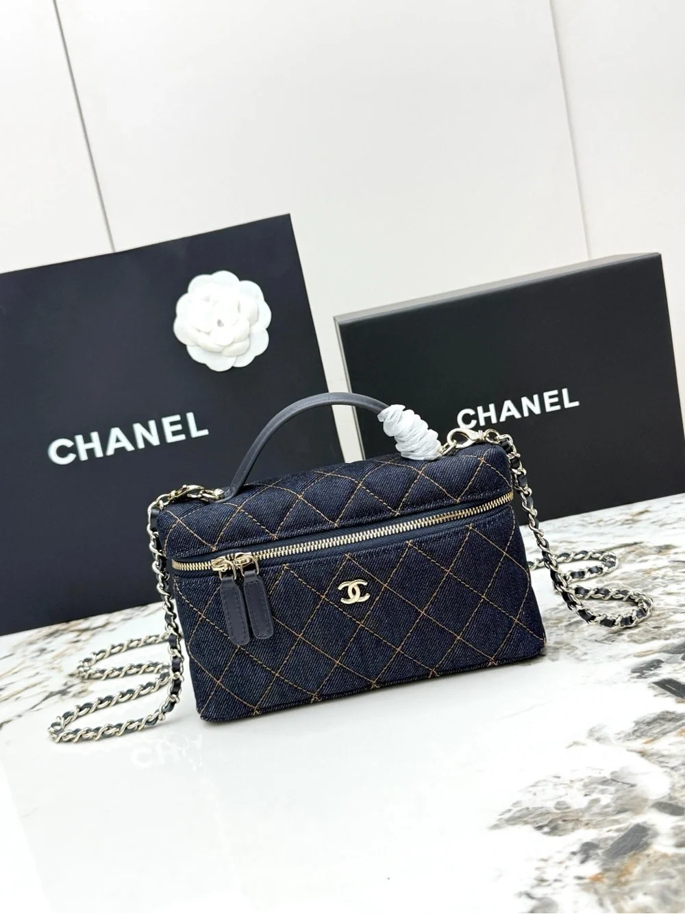 CHANEL Navy Quilted Denim Vanity Crossbody with Gold Hardware